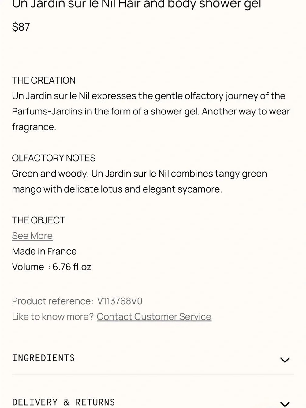 HERMES Un Jardin sur le Nil Hair & Body Shower Gel —  NWT